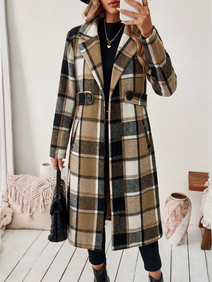 Josephine Belted Notched Collar Double-Breasted Long Coat - Cream Plaid