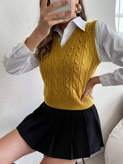Winifred Classic Cable Knit V-Neck Sleeveless Sweater Vest - Mustard