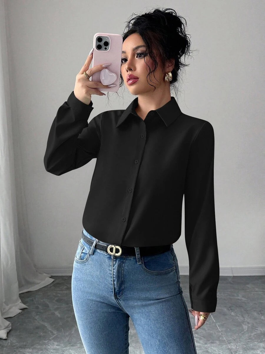 Pia Button Front Long Sleeve Blouse Classic Collared Shirt - Black