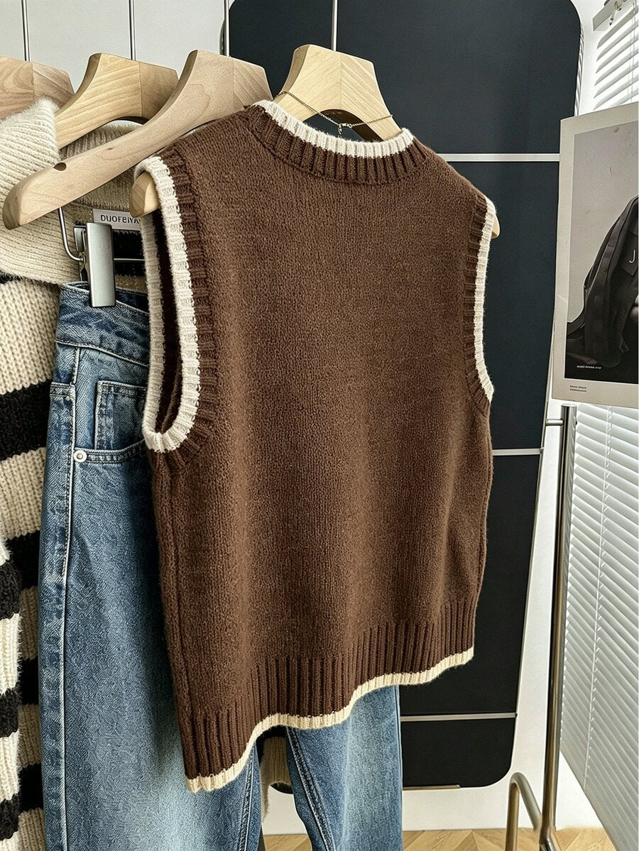 Beatrice Contrast Trim Sleeveless Knit Sweater Vest - Chocolate with Cream Trim