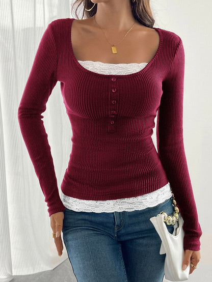 Asheville Lace Trim Layered Look Ribbed Long Sleeve Top