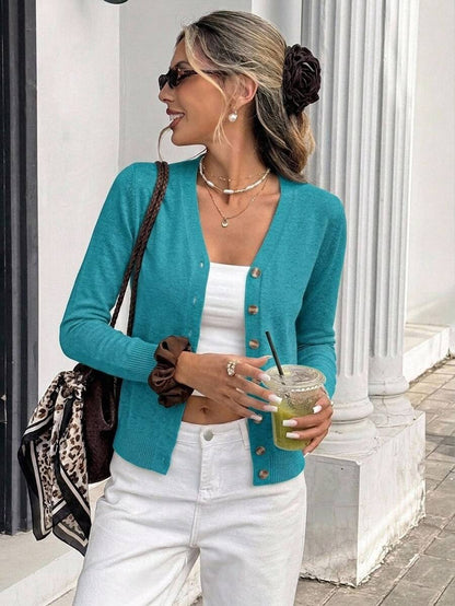 Georgiana Slim Ribbed V-Neck Button Front Knit Cardigan - Teal