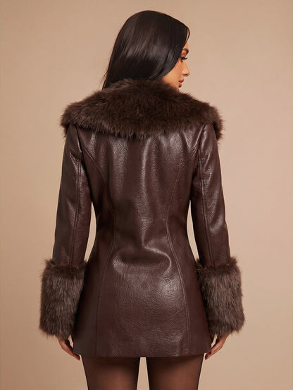 Saint Moritz Faux Fur Collar Double Breasted Faux Leather Jacket