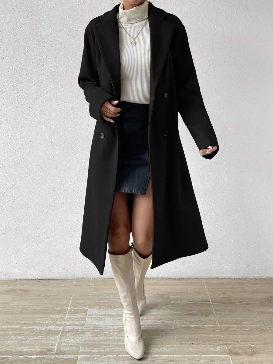 Victoria Classic Double-Breasted Longline Tailored Overcoat - Black