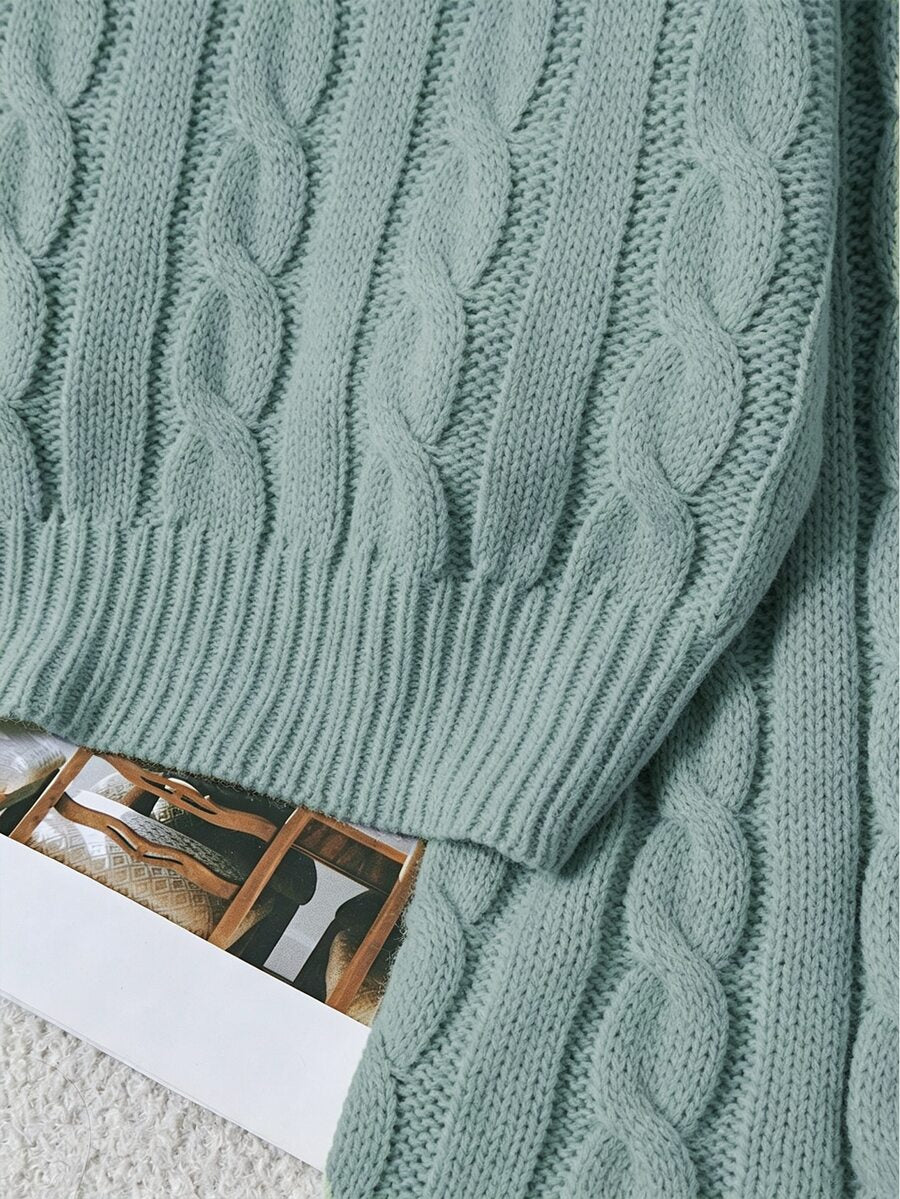 Oriana Cropped Cable Knit Sweater with Crew Neck - Sage Green