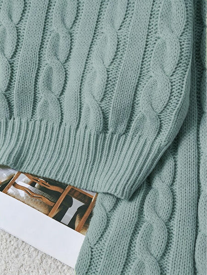 Oriana Cropped Cable Knit Sweater with Crew Neck - Sage Green