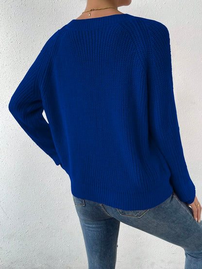 Aarhus V Neck Raglan Sleeve Ribbed Knit Sweater