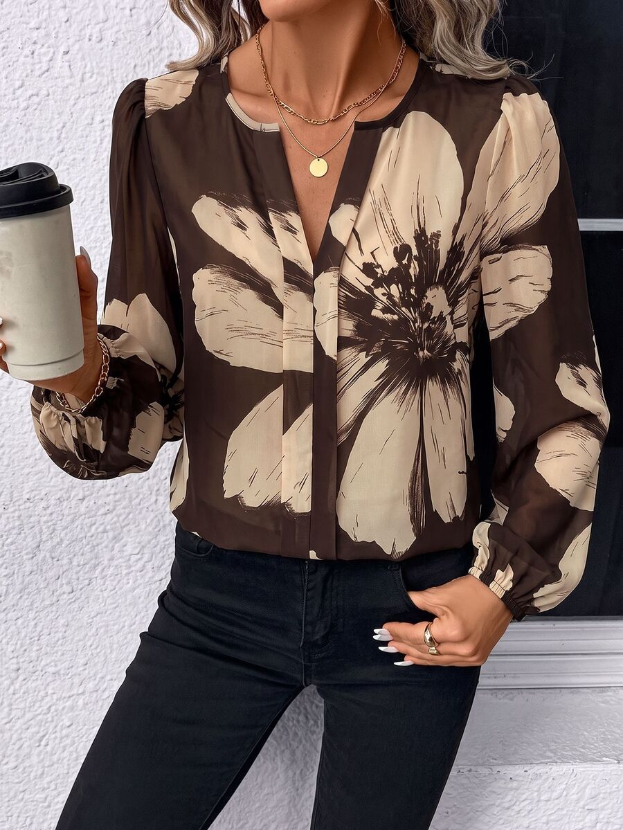 Nell Long Sleeve Blouse with Split V Neck and Lantern Sleeves - Brown Floral
