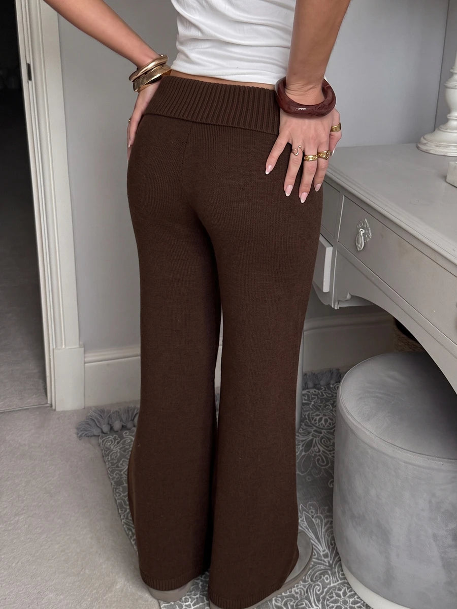 Rosalba Ribbed Knit Fold-Over Waist Flare Pants - Grey