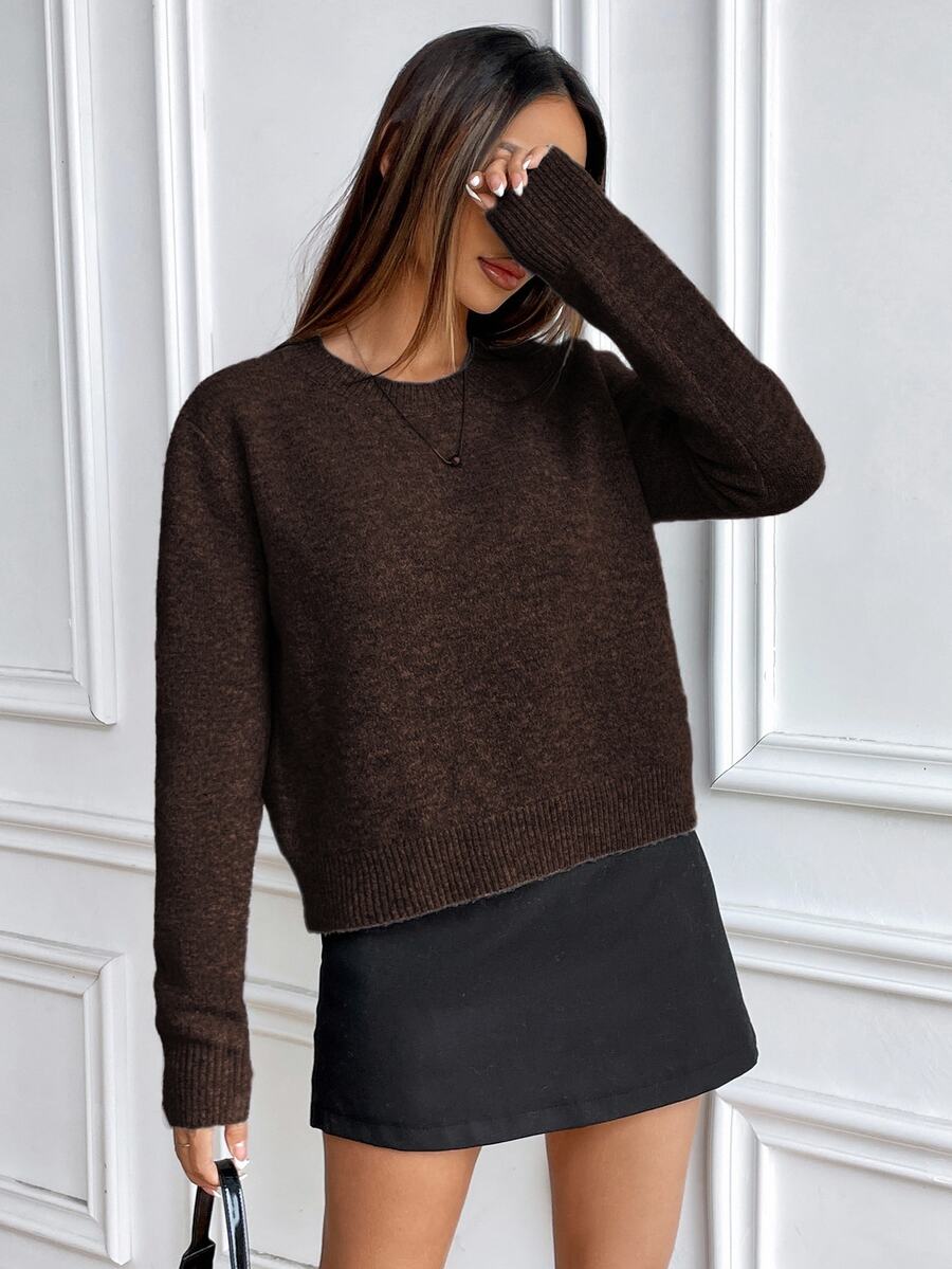 Women's Crew Neck Ribbed Knit Sweater, Fitted Pullover for Fall Winter - Black