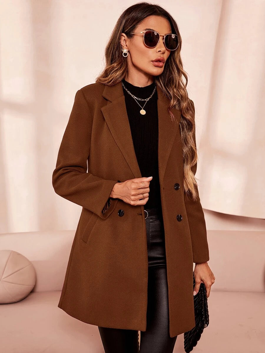 Aveline Double-Breasted Lapel Coat with Tailored Thigh-Length Cut - Khaki