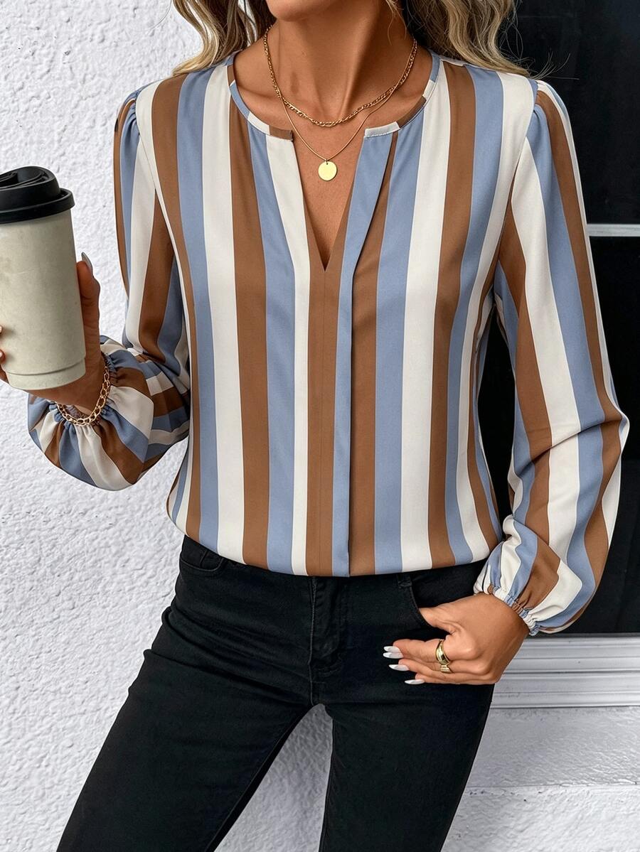 Nell Long Sleeve Blouse with Split V Neck and Lantern Sleeves - Blue Brown Stripe