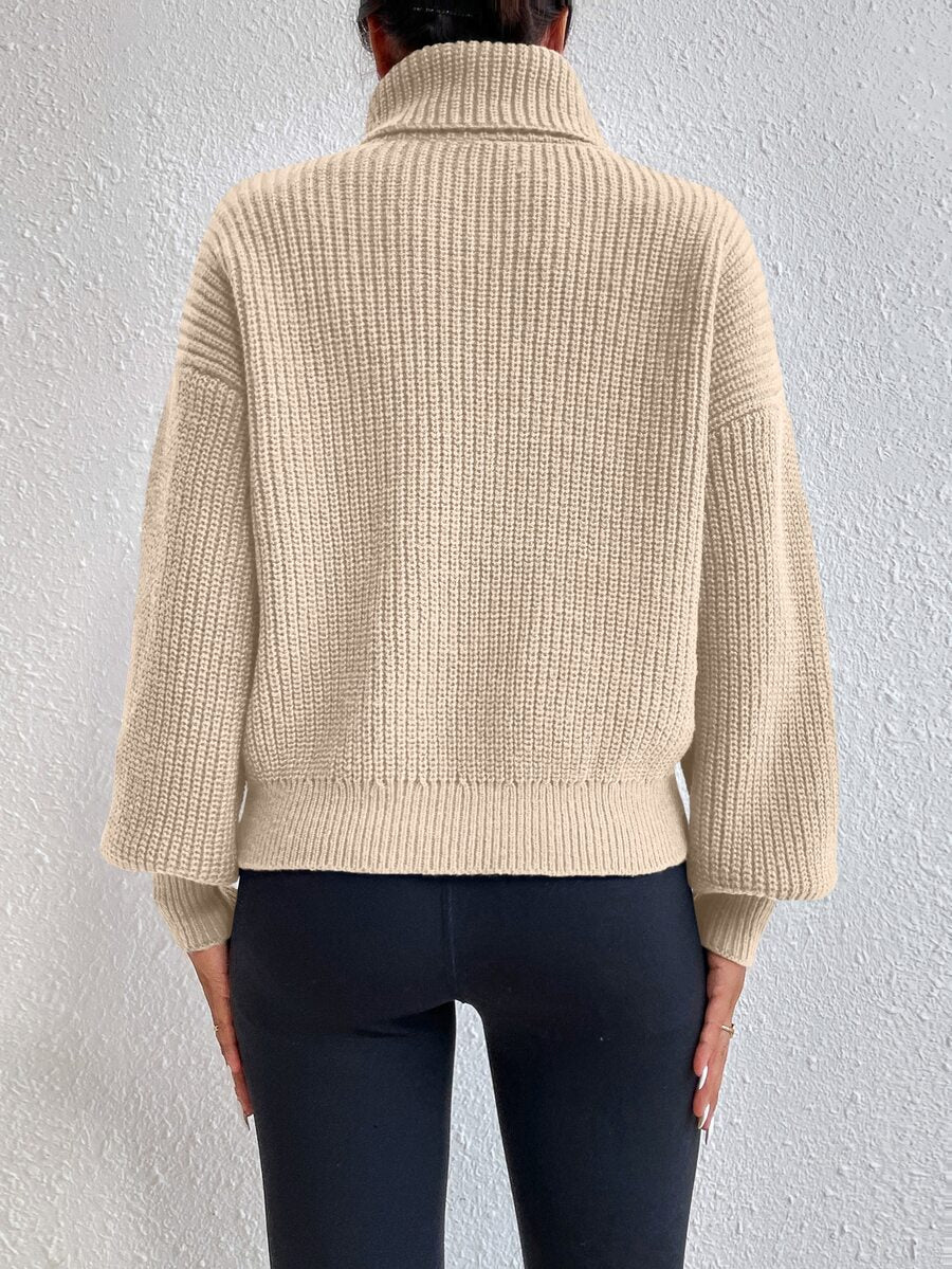 Wilhelmina Rib Knit Turtleneck Drop Shoulder Pullover Sweater - Coffee Brown