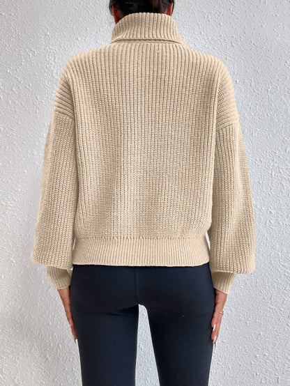 Wilhelmina Rib Knit Turtleneck Drop Shoulder Pullover Sweater - Coffee Brown