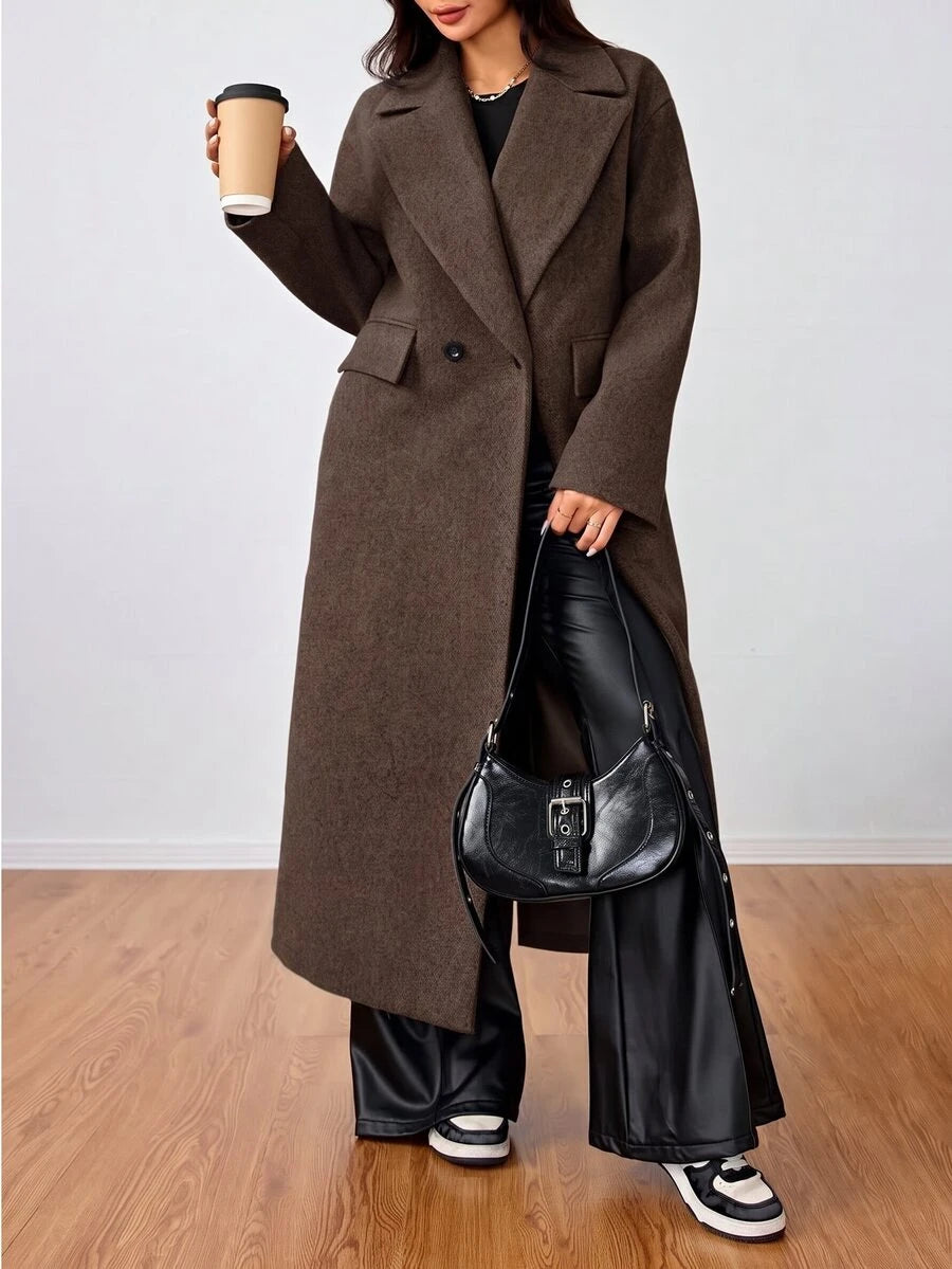 Jolie Oversized Double Breasted Long Coat with Lapel Collar - Chocolate Brown