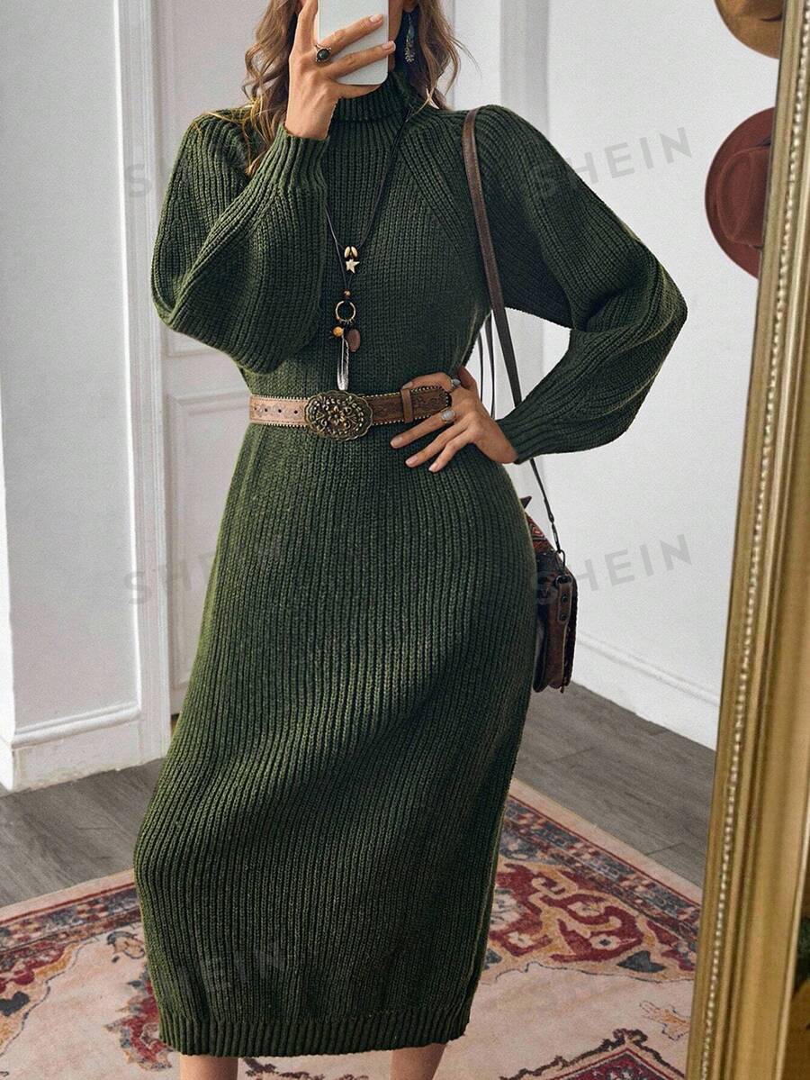 Anya High Neck Raglan Sleeve Sweater Dress - Army Green