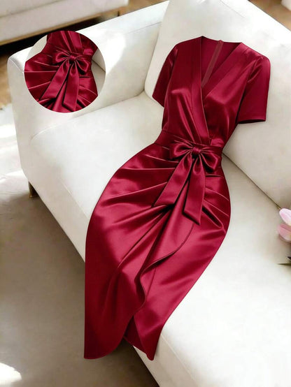 Women's Satin Wrap V-Neck Midi Dress, Silky Dress for Wedding Guest and Evening - Burgundy