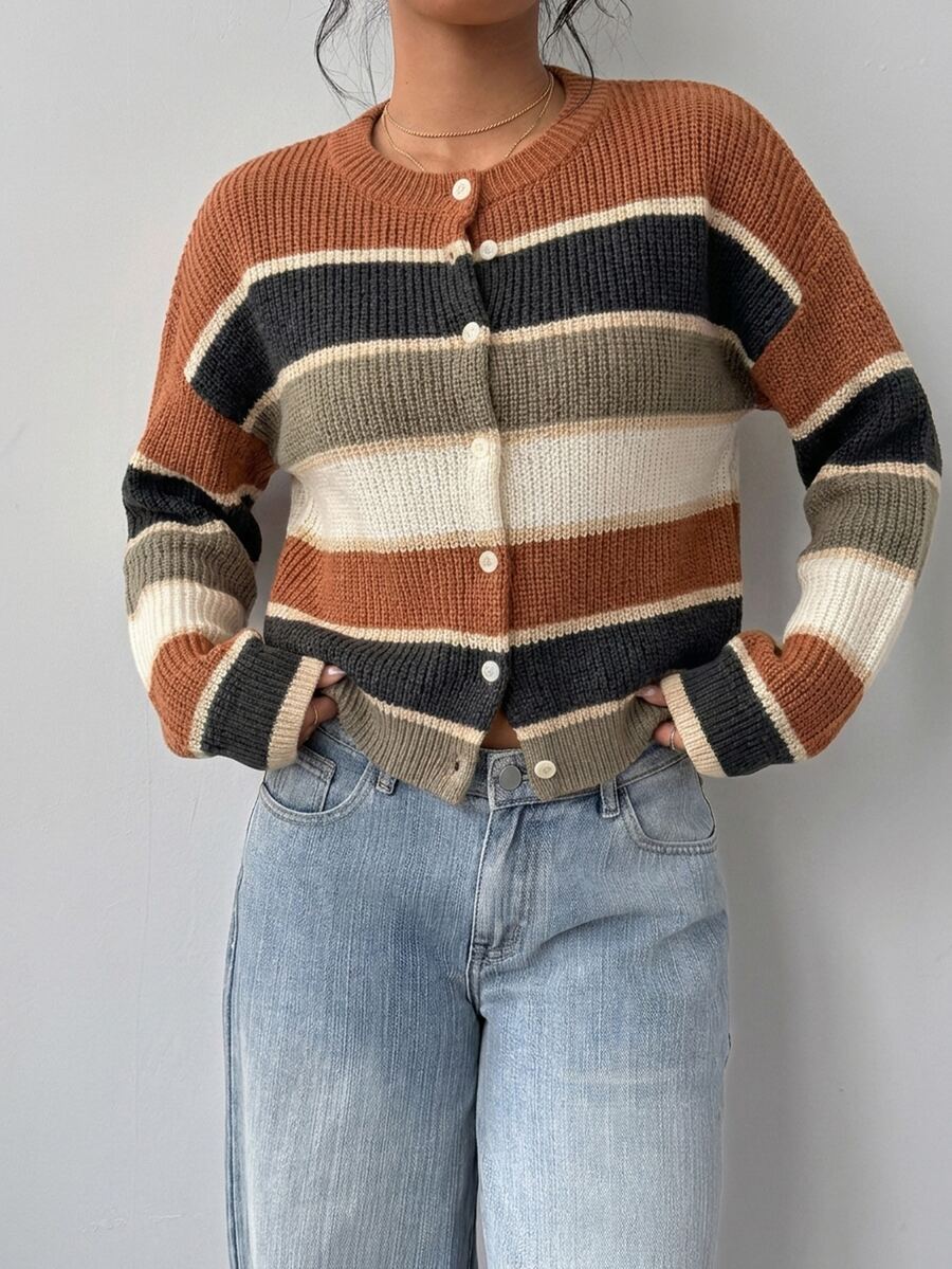 Elowen Round Neck Cropped Cardigan - Brown