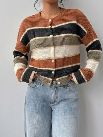 Elowen Round Neck Cropped Cardigan - Brown
