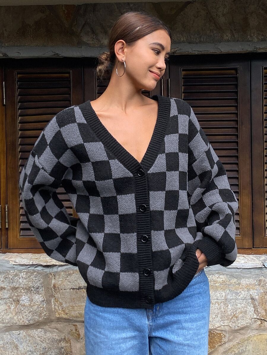 Waverly Checkerboard Knit Cardigan - Black