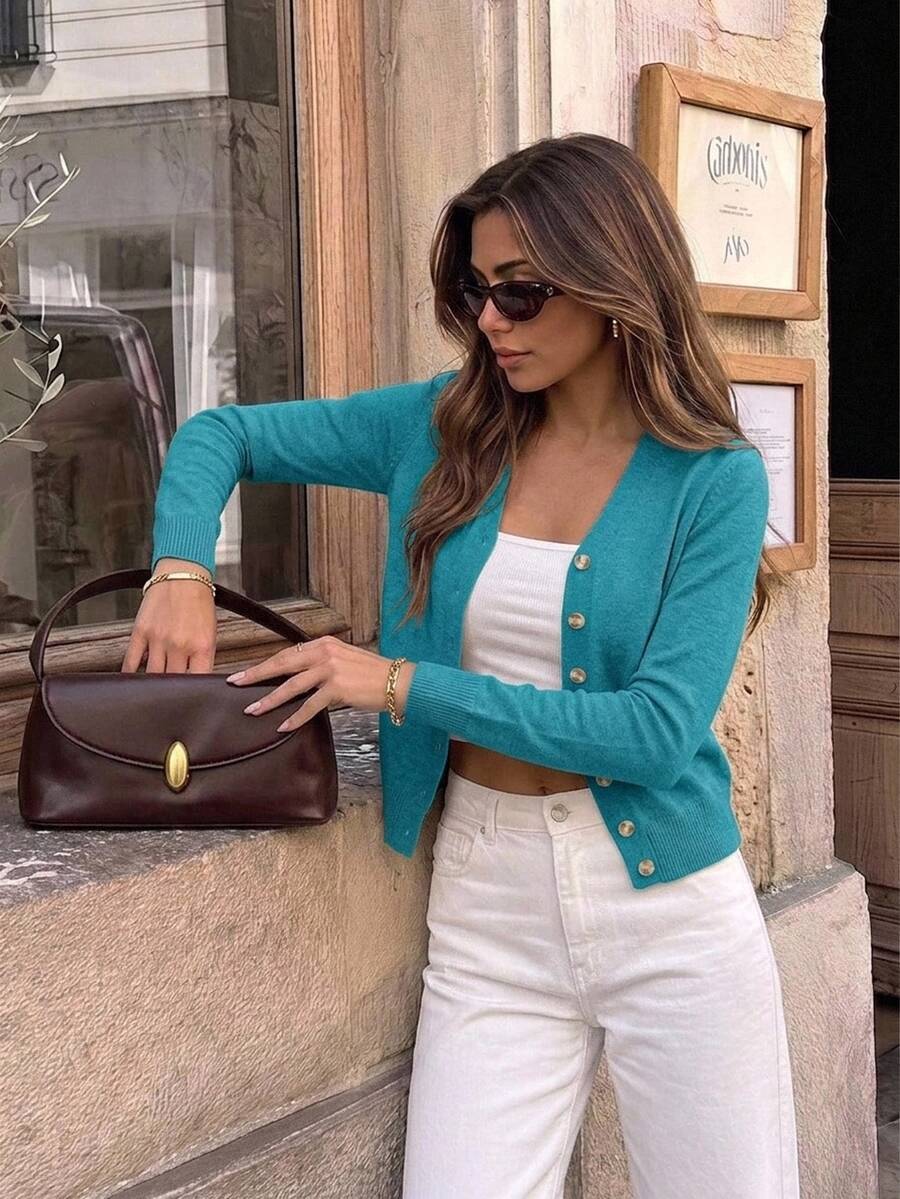 Georgiana Slim Ribbed V-Neck Button Front Knit Cardigan - Teal