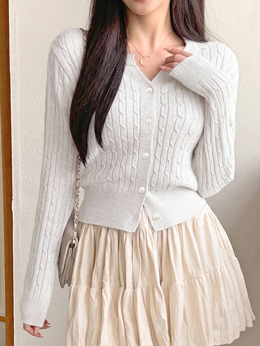 Women's Fitted V-Neck Button Front Cardigan, Twist Knit Sweater for Work and Fall - Blue