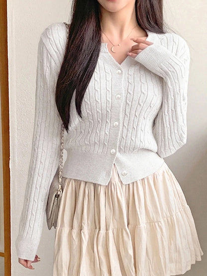 Women's Fitted V-Neck Button Front Cardigan, Twist Knit Sweater for Work and Fall - Blue
