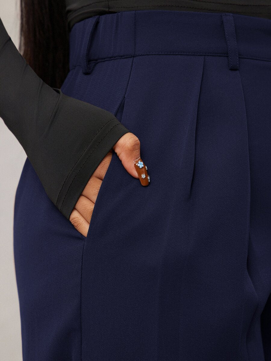 Theodora High Waist Pleated Oversized Wide Leg Suit Trousers - Navy Blue