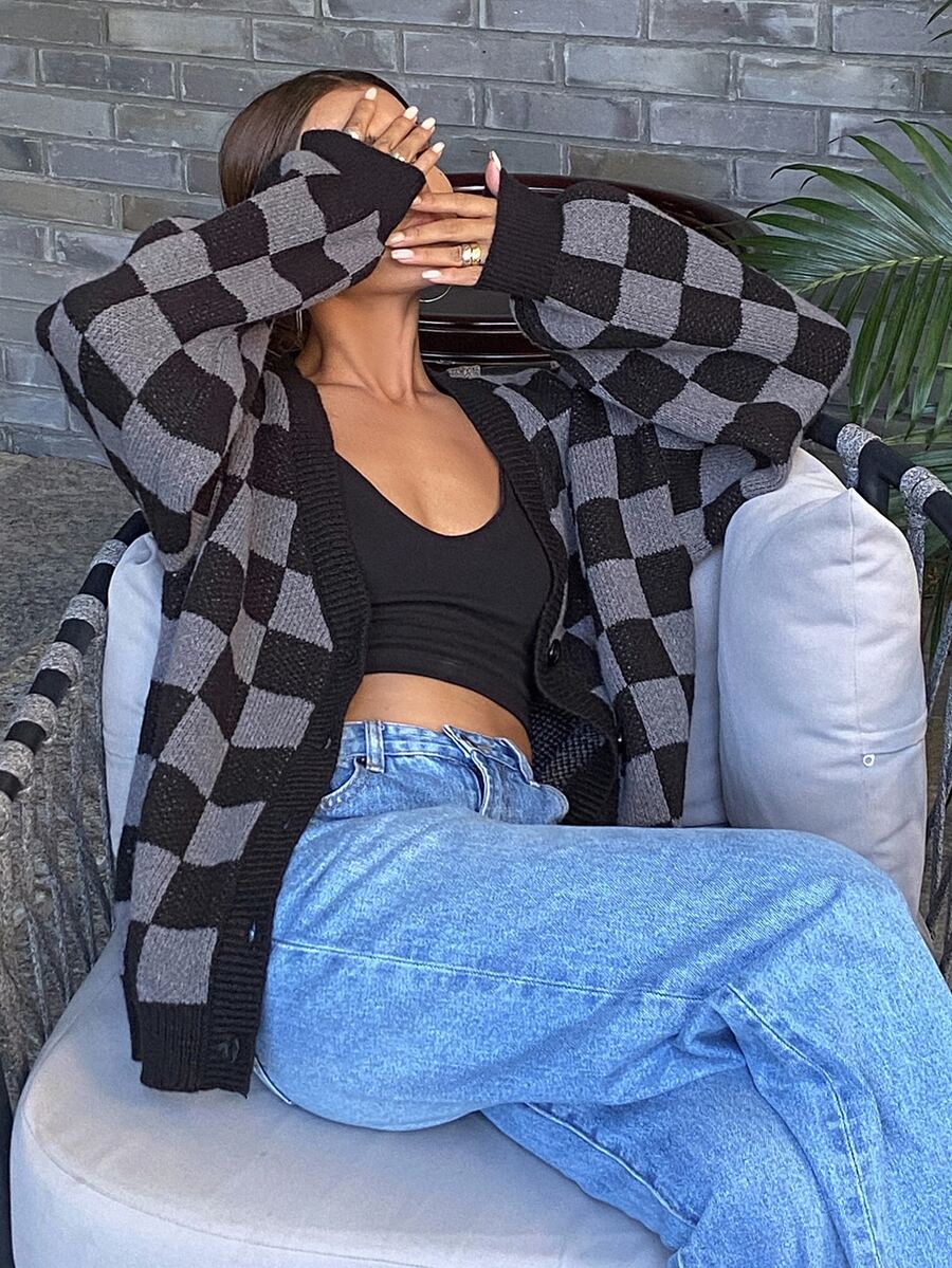 Waverly Checkerboard Knit Cardigan - Black