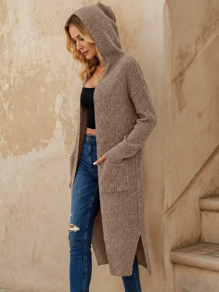 Marianne Hooded Split Hem Longline Duster Cardigan - Mocha Brown