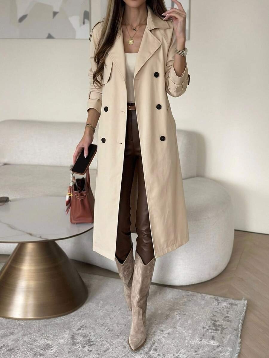Delia Belted Double Breasted Trench Coat with Raglan Sleeves - Camel