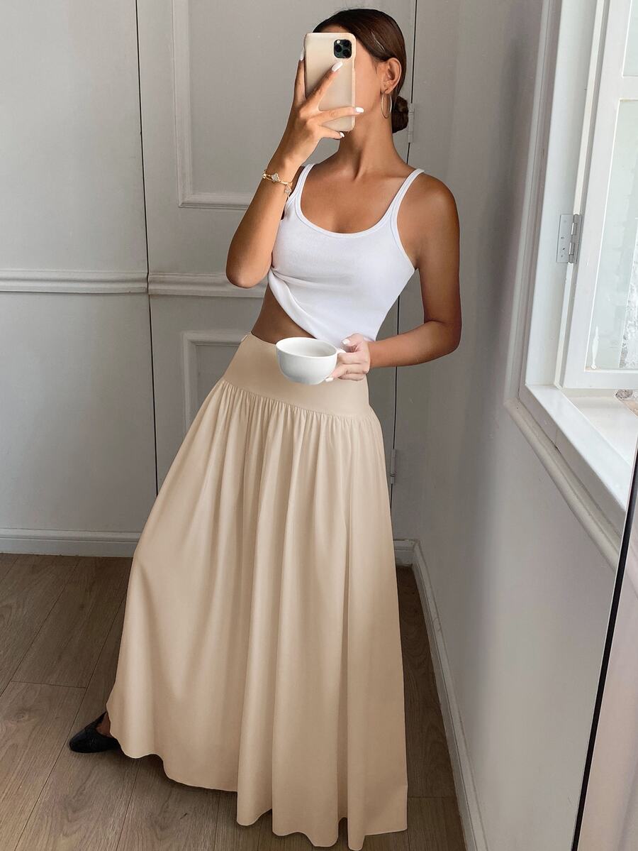 Cressida High Waist Wide Waistband Pleated Maxi Skirt - Oatmeal