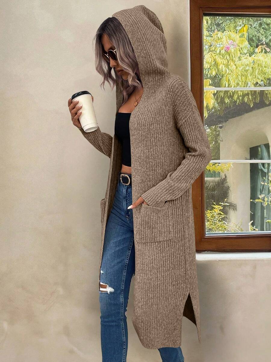 Marianne Hooded Split Hem Longline Duster Cardigan - Mocha Brown