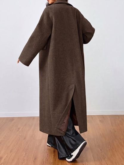 Jolie Oversized Double Breasted Long Coat with Lapel Collar - Chocolate Brown