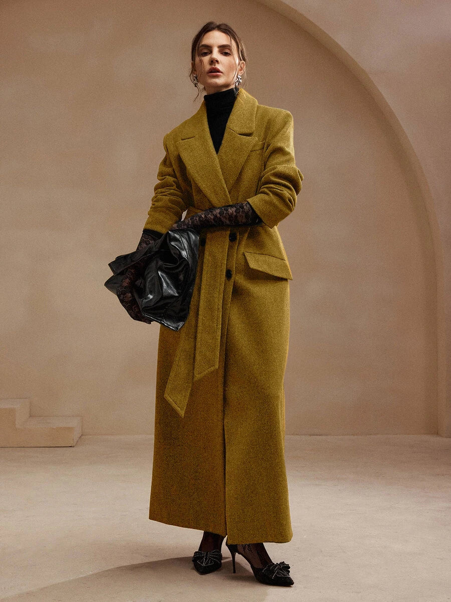 Valeska Belted Double-Breasted Lapel Long Coat with Pockets - Dark Grey