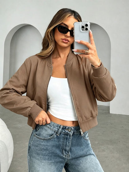 Steamboat Zip Up Bomber Jacket with Ribbed Trim - Mocha Brown