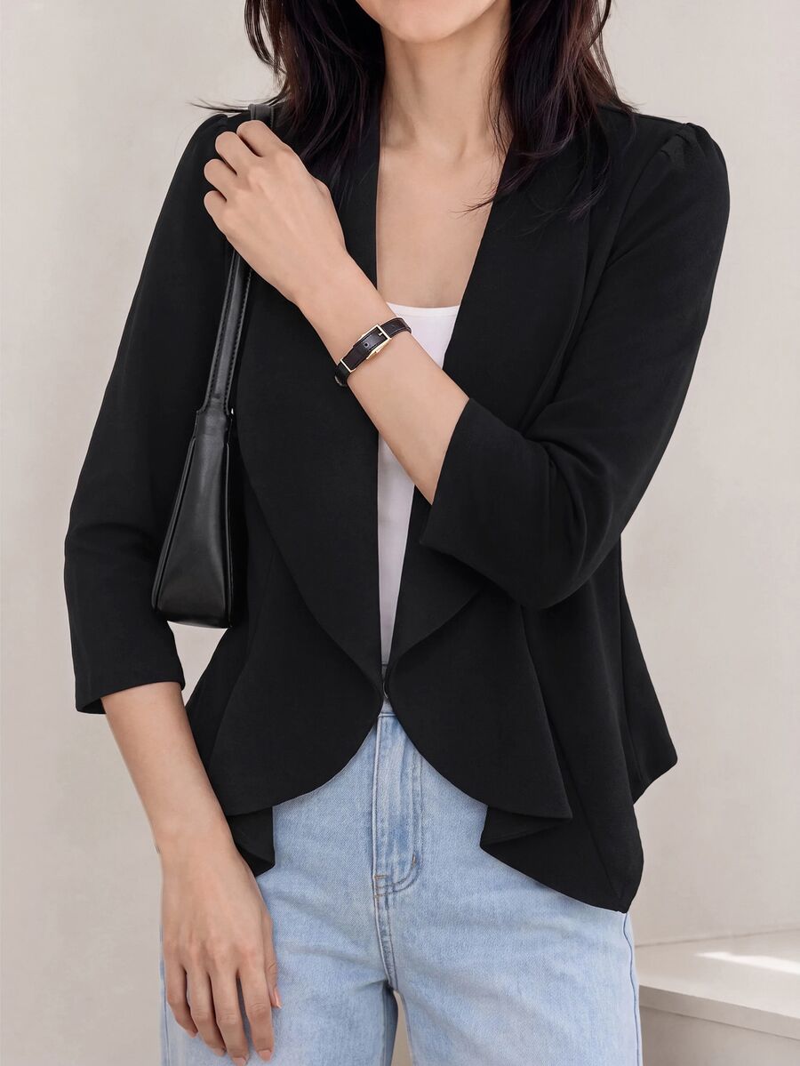 Octavia Waterfall Collar Open Front Asymmetric Hem Knit Blazer - Black