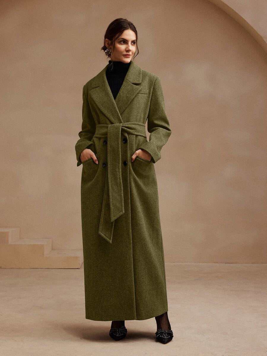 Valeska Belted Double-Breasted Lapel Long Coat with Pockets - Yellow