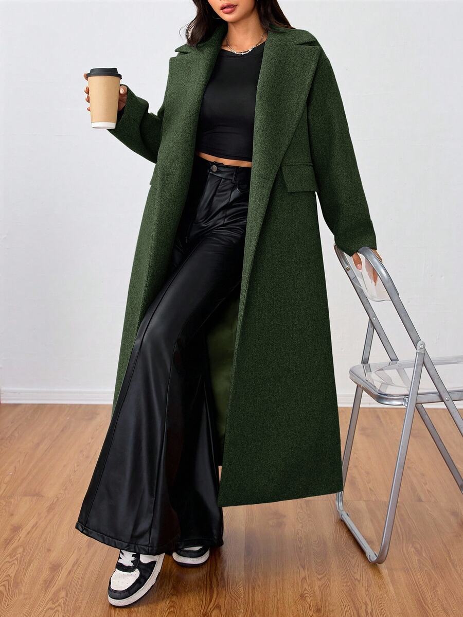 Jolie Oversized Double Breasted Long Coat with Lapel Collar - Forest Green