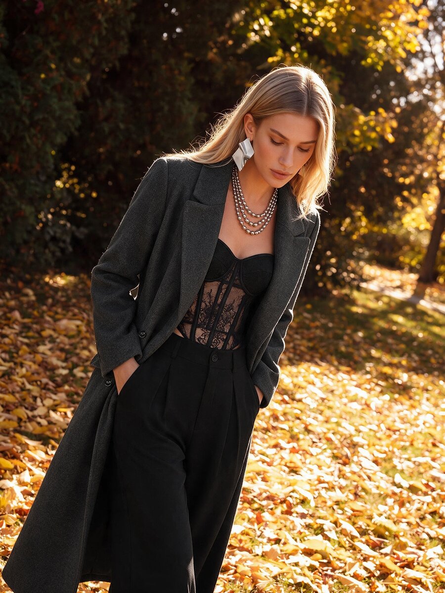 Valeska Belted Double-Breasted Lapel Long Coat with Pockets - Grey