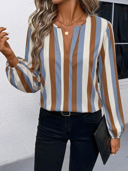 Nell Long Sleeve Blouse with Split V Neck and Lantern Sleeves - Blue Brown Stripe