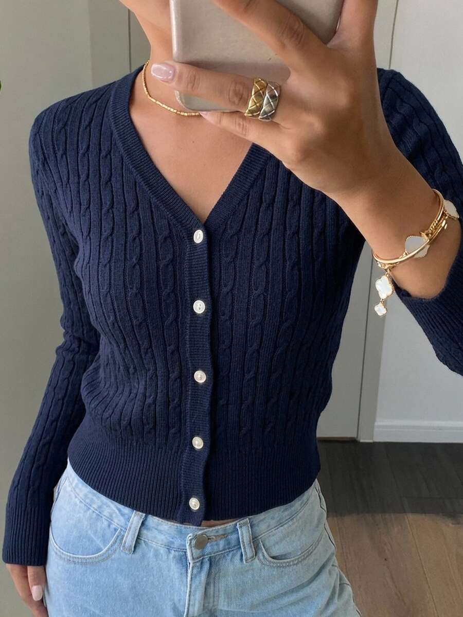 Women's Fitted V-Neck Button Front Cardigan, Twist Knit Sweater for Work and Fall - Khaki