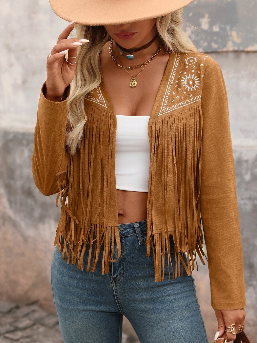 Evangeline Fringe Trim Open Front Crop Jacket - Mocha Brown