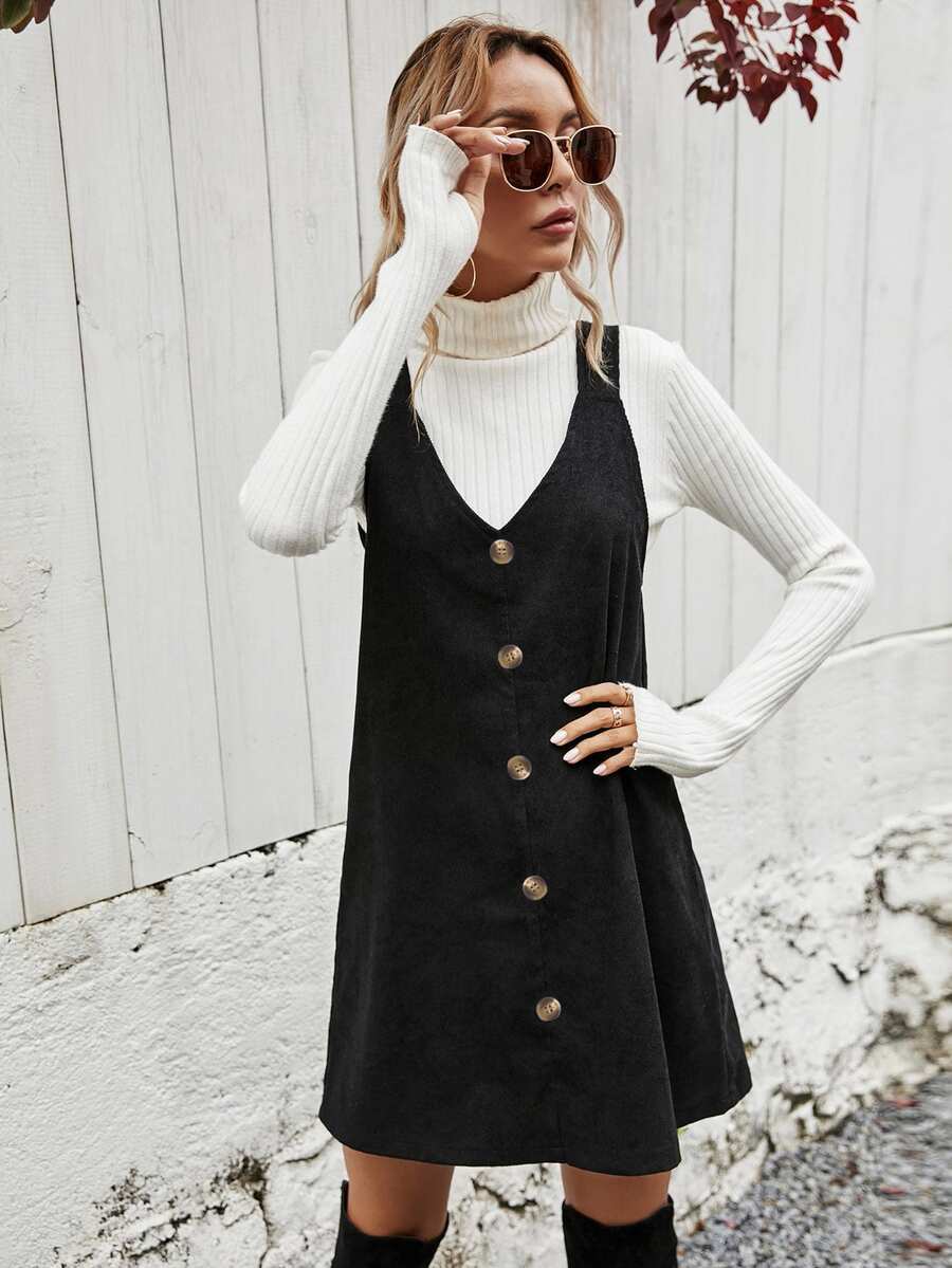 Ottilie Corduroy Button Front Pinafore Mini Dress - Black
