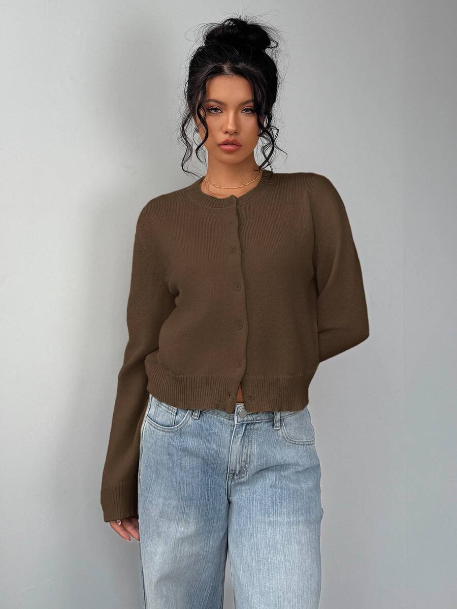 Elowen Round Neck Cropped Cardigan - Brown