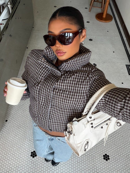 Glasgow Cropped Quilted Puffer Jacket with Funnel Neck - Houndstooth