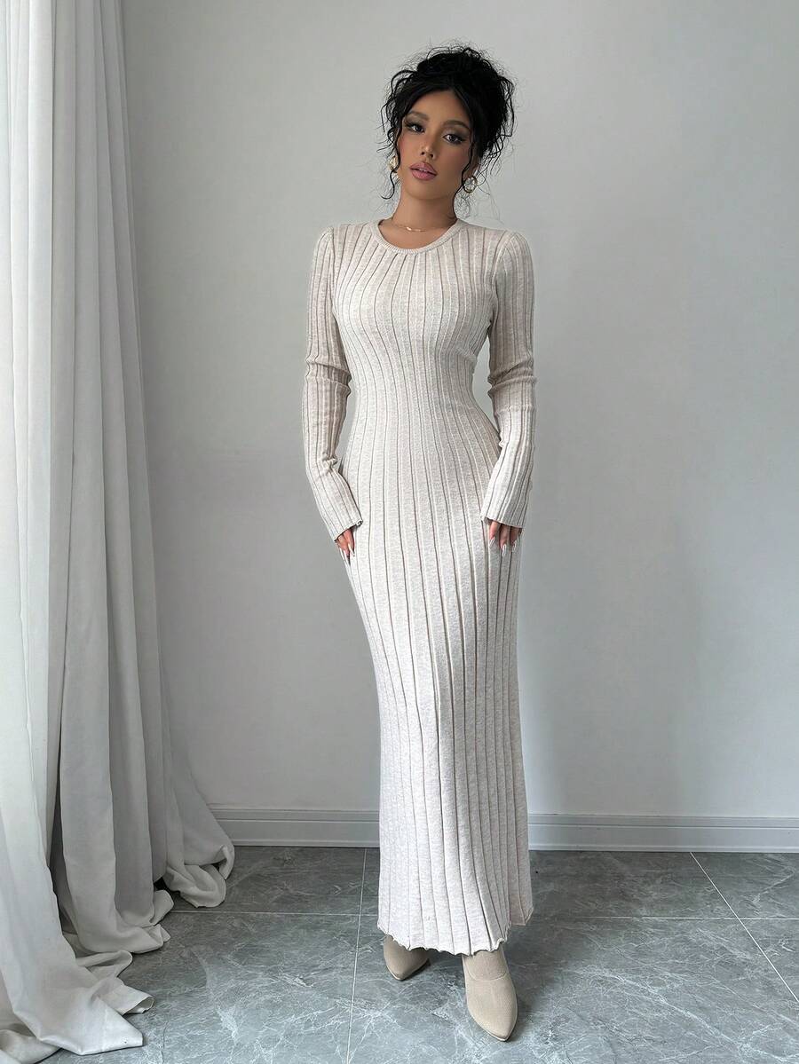 Gdansk Ribbed Knit Crew Neck Bodycon Maxi Sweater Dress