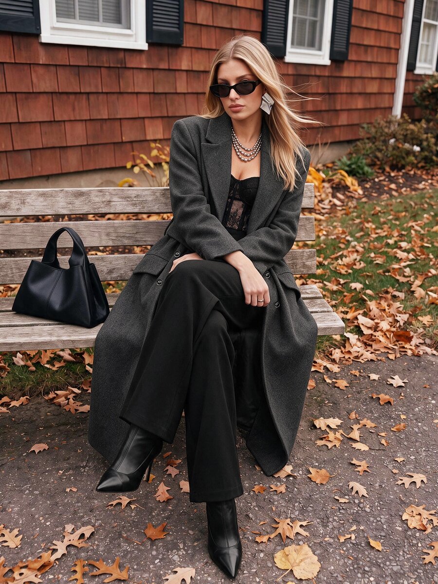 Valeska Belted Double-Breasted Lapel Long Coat with Pockets - Dark Grey