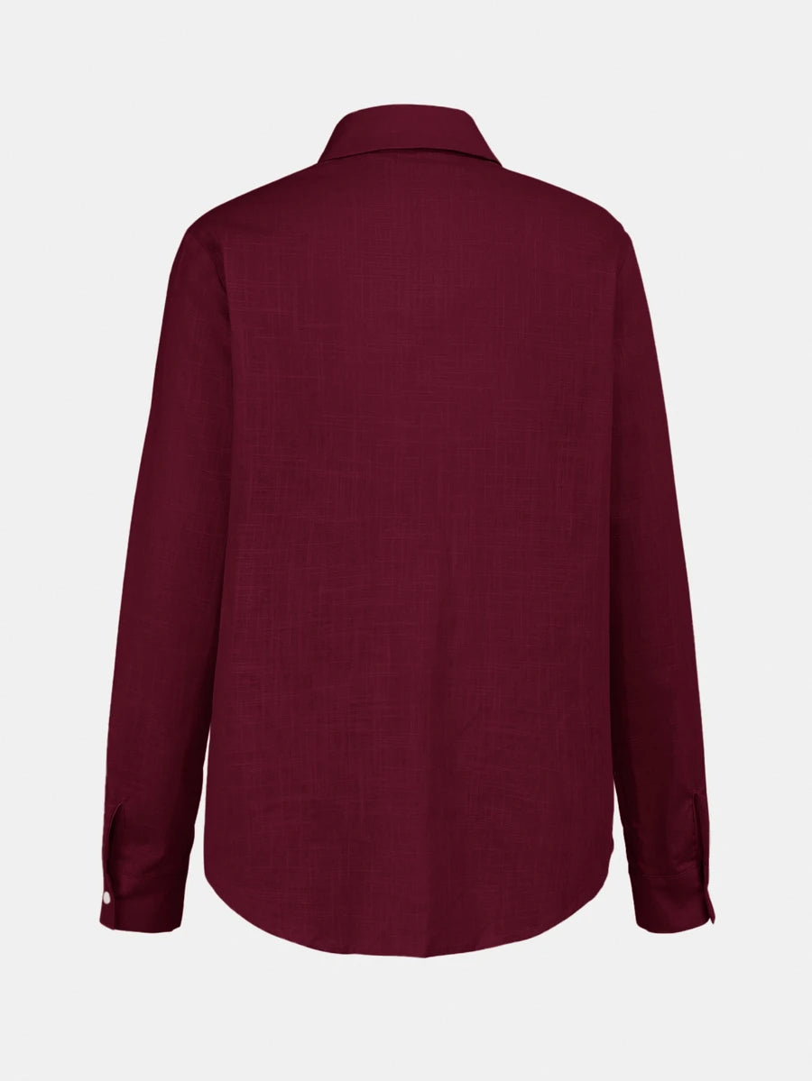 Arabella Classic Collared Button Down Long Sleeve Cotton Shirt - Burgundy