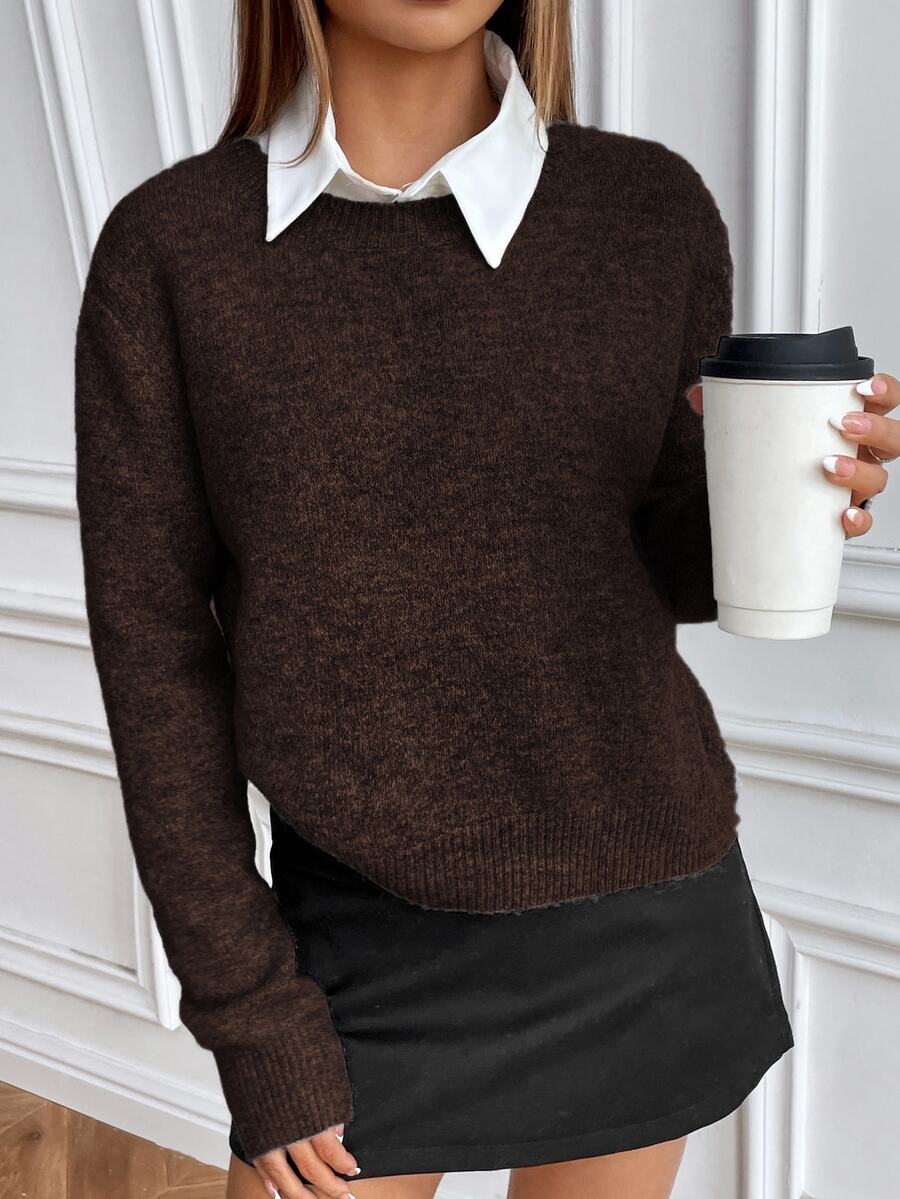 Women's Crew Neck Ribbed Knit Sweater, Fitted Pullover for Fall Winter - Navy Blue